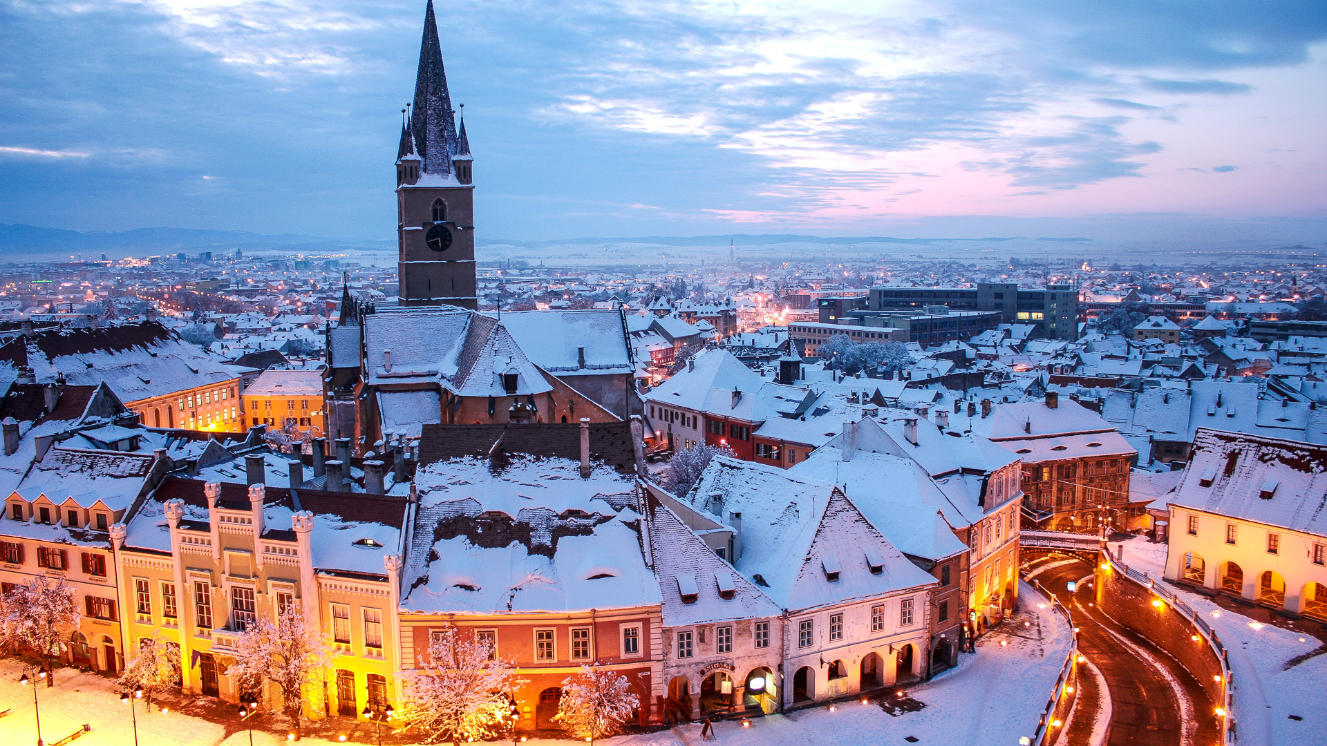 Christmas Market in Sibiu, Transylvania Romania. Beautifull sunset